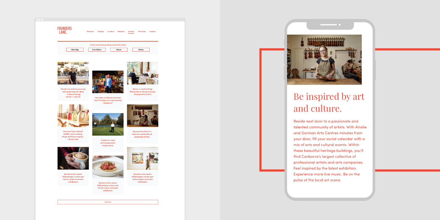 The Founders Lane website and a mobile view example with a portrait of a business owner and title 'Be inspired by art and culture'