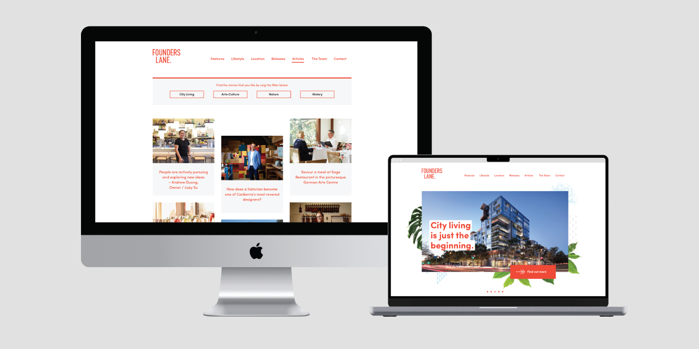 A computer and laptop screen displaying the Founders Lane articles and home pages respectively