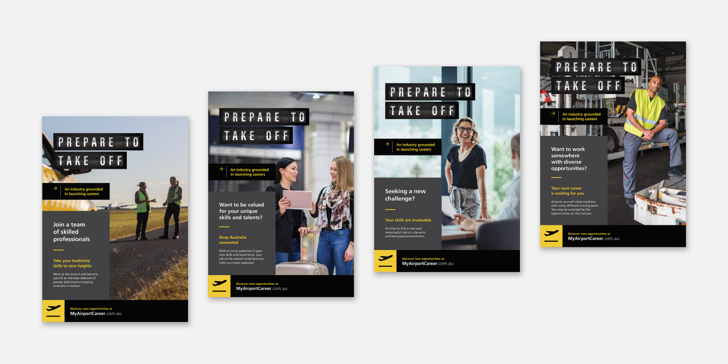 Four 'Prepare to take off' posters promoting the benefits of airport jobs, featuring imagery of airport employees in their environments