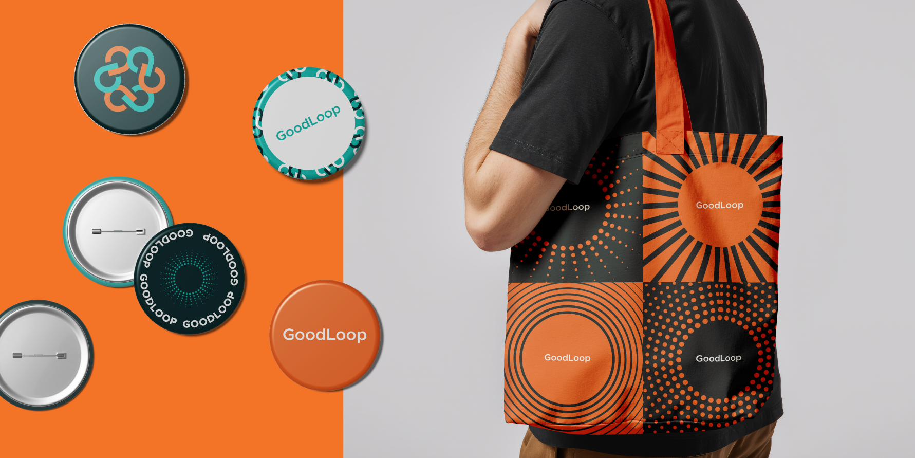 Split screen of GoodLoop branded pins on an orange background next to a man holding a GoodLoop tote bag.