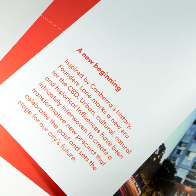A close up of the Founders Lane brochure reading 'A new beginning'