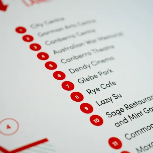 A close up of the Founders Lane brochure, displaying the map legend listing local businesses